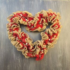 Handmade Rustic Heart-Shaped Burlap and Red Wreath Valentine's Day Wall Hanger